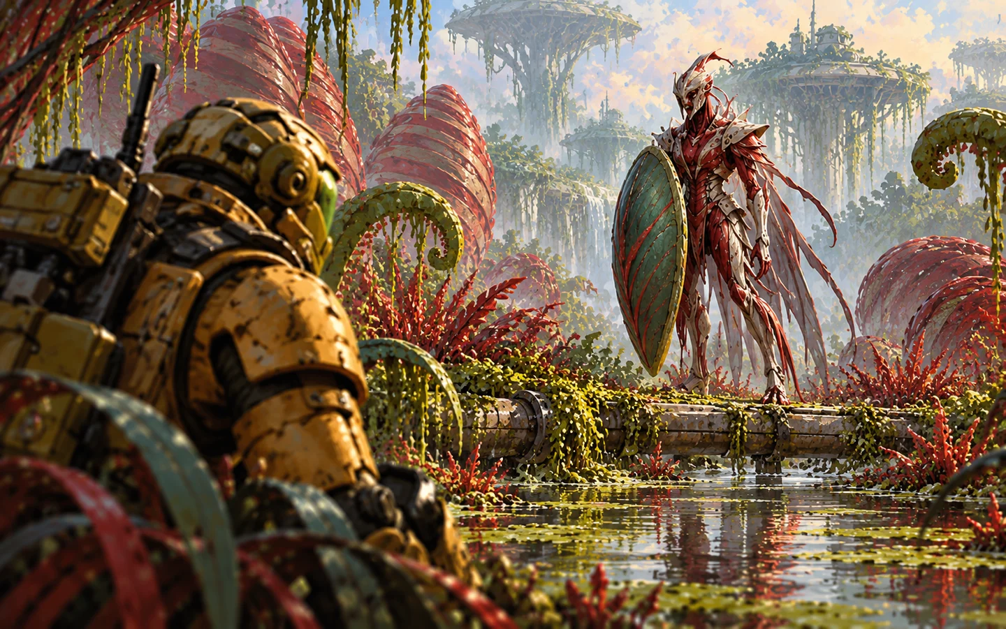 Un explorateur de la Légion observe un Éclipsé à la carapace carmin et au bouclier organique.